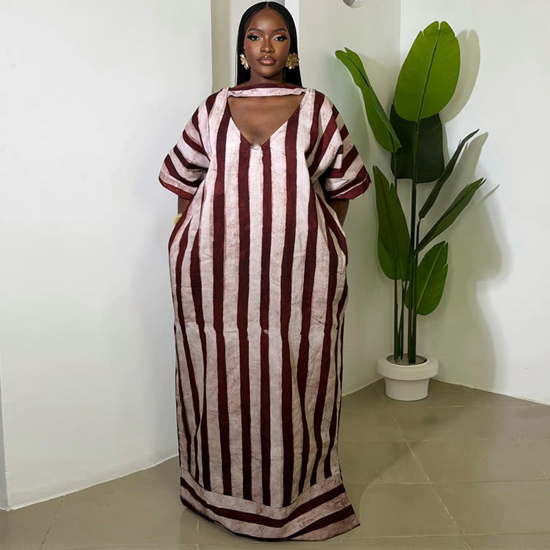 European and american cross-border african women's clothing  spring new fashion elegant v-neck striped loose plus size dress