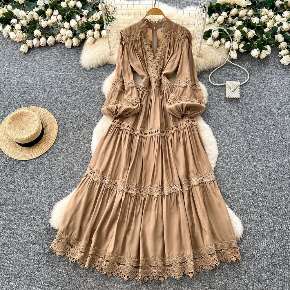 Vintage court style puff sleeve dress - women's autumn hollow-out crochet crossover neck design - exquisite elegant maxi dress