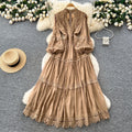 Vintage court style puff sleeve dress - women's autumn hollow-out crochet crossover neck design - exquisite elegant maxi dress