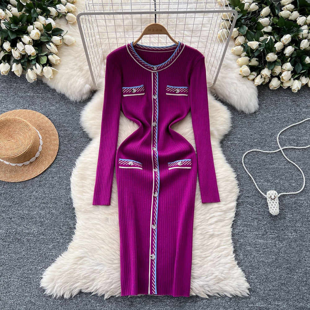 Classy small fragrance style retrocontrast color round neck button decoration waist slimming lookelegant bottom knitting shirt dress
