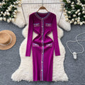 Classy small fragrance style retrocontrast color round neck button decoration waist slimming lookelegant bottom knitting shirt dress