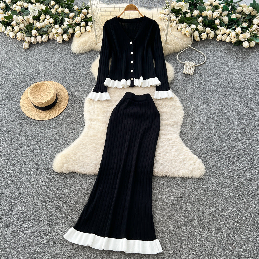 French chic two-piece set: women's fashionable color block v-neck long sleeve ribbed knit top with bodycon midi skirt