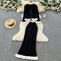 French chic two-piece set: women's fashionable color block v-neck long sleeve ribbed knit top with bodycon midi skirt
