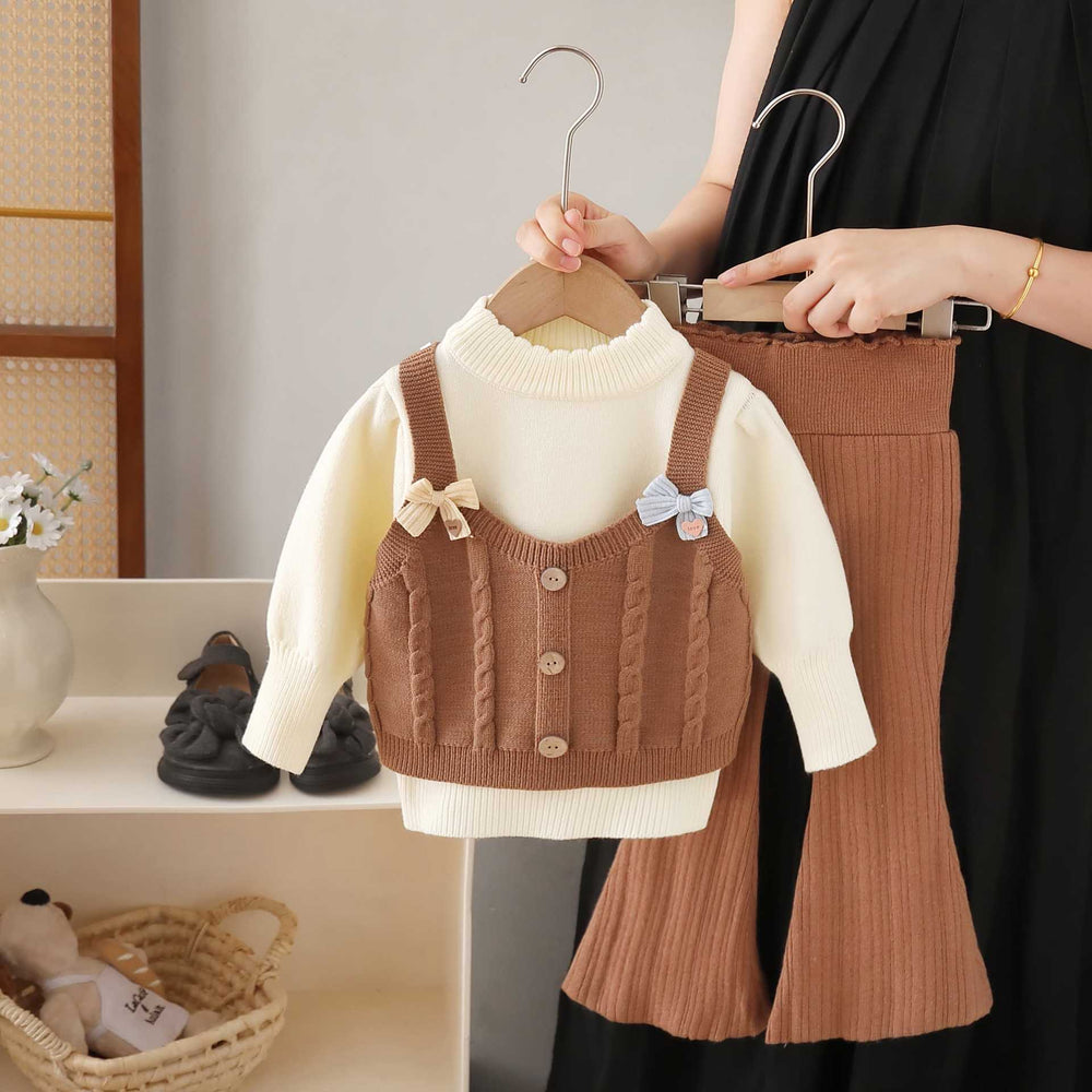 Girls' knit sweater set -  fall/winter collection - pullover top with round neck, faux two-piece knit sweater, and flare pants two-piece set