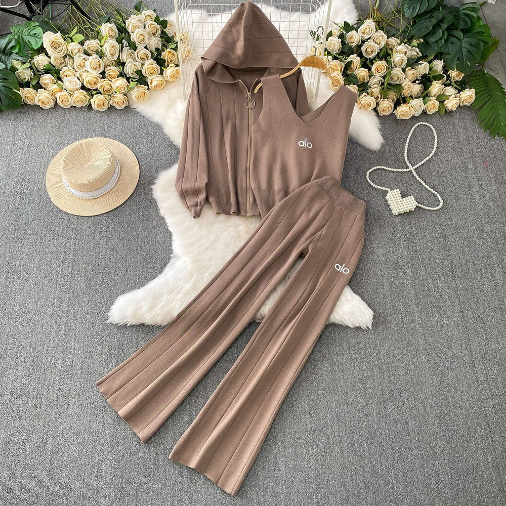 Trendy women's winter three-piece set: casual zip-up hooded knit jacket + embroidered tank top + high-waisted pleated wide-leg pants