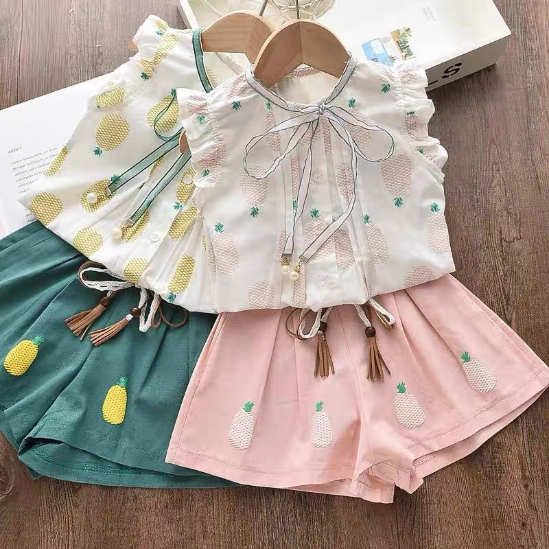 Girls' short-sleeve set:  cross-border trendy kids' clothing, little girl's top and shorts two-piece set, wholesale children's apparel