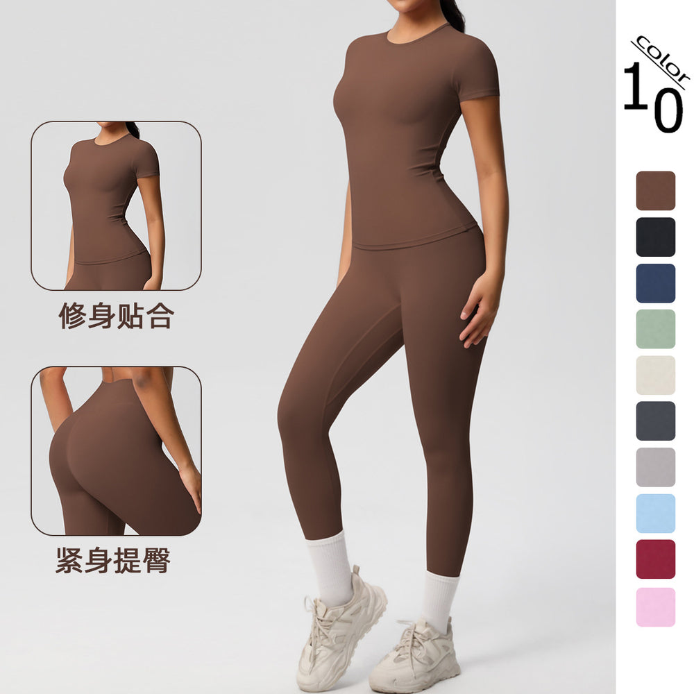 Ready-to-ship cross-border double-sided brushed, form-fitting, breathable solid color training yoga set, eight-piece athletic running fitness outfit for women