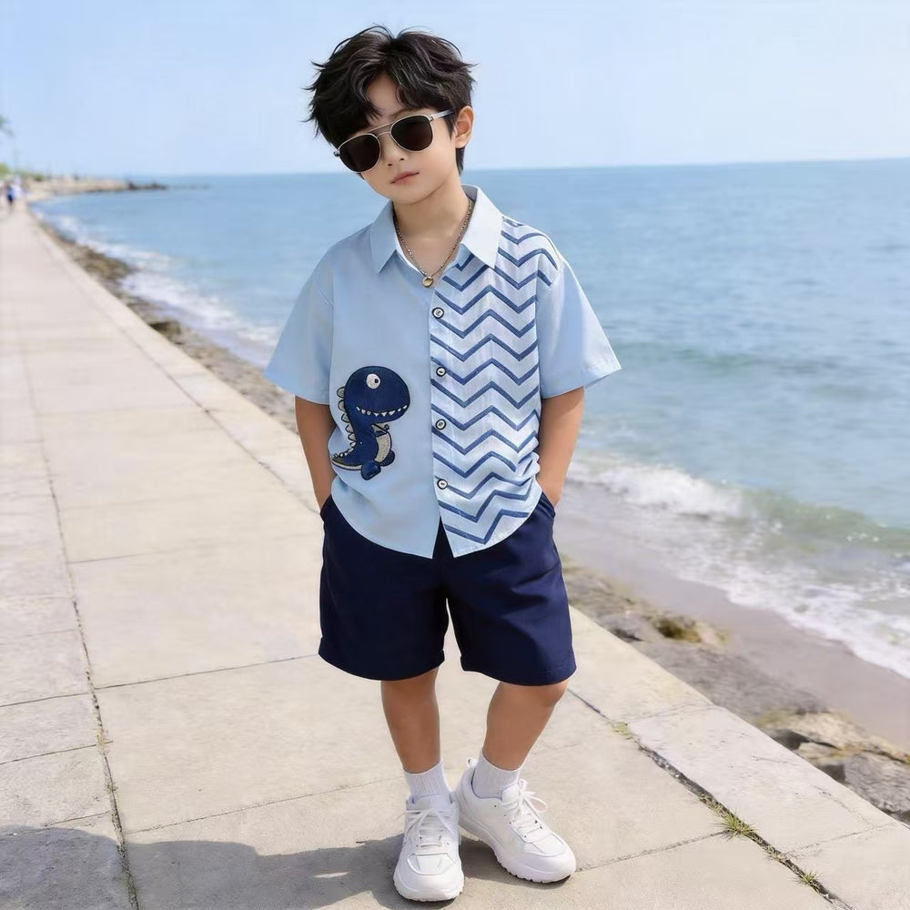 wholesale of children's and toddler's clothing: new summer collection featuring collared shirts with dinosaur prints and cargo shorts sets, in stock and ready to ship