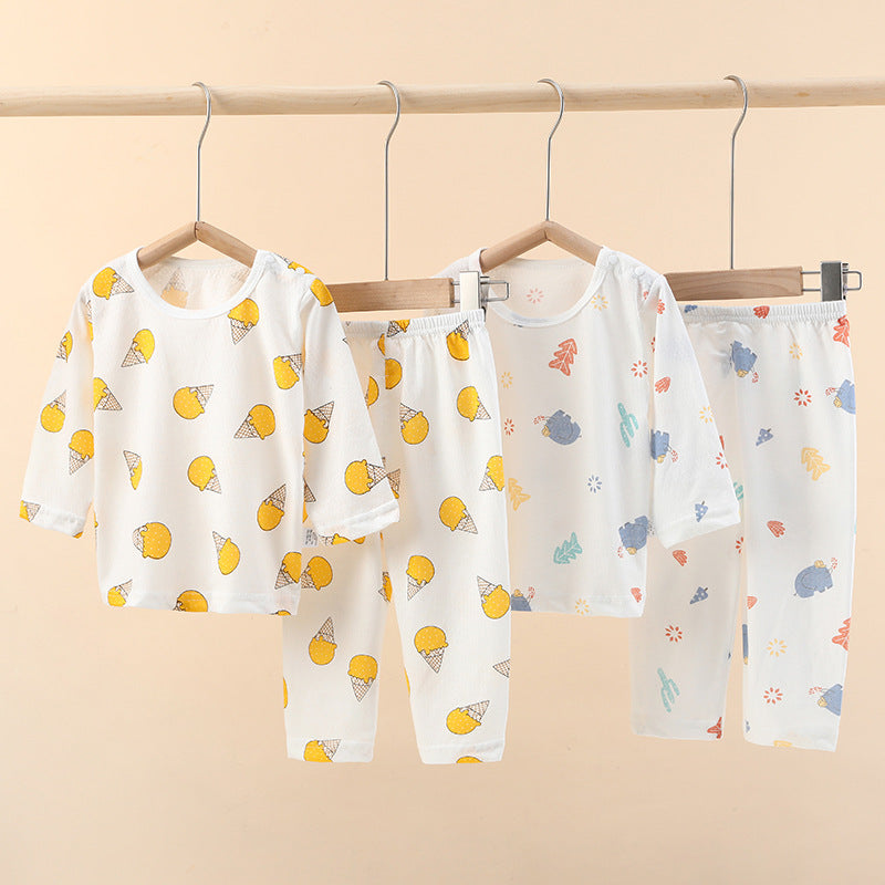 Baby underwear set summer thin pure cotton unisex baby mesh air conditioning suit pajamas infant round neck set