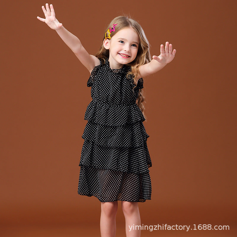 Girls' polka dot black ruffle dress, kids' sundress, ages 3-12, korean style summer new arrival
