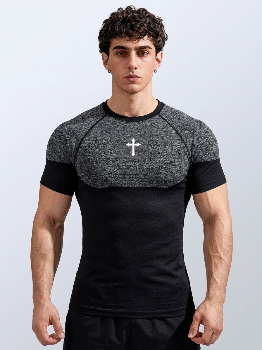 export custom seamless jacquard athletic short-sleeve men's quick-dry fitness training stretch slim-fit crew neck t-shirt for summer