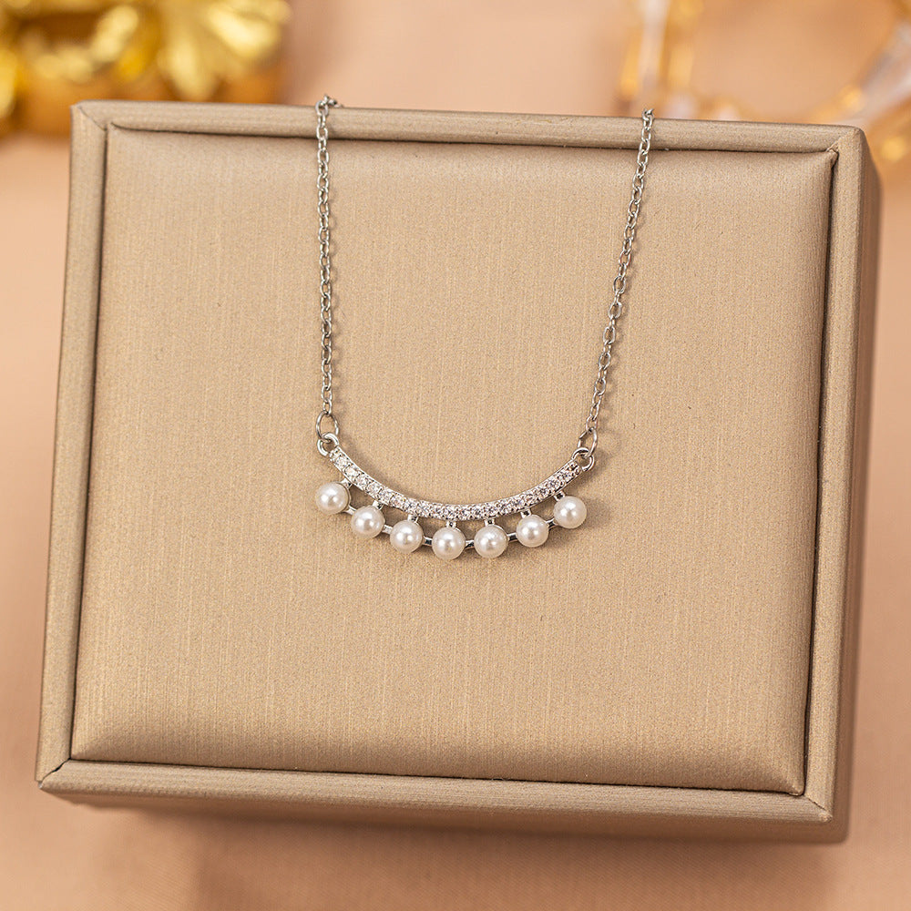 European and american hot-selling fashion zircon pearl necklace for women, lightweight luxury, niche, versatile, elegant, fashionable titanium steel clavicle chain jewelry