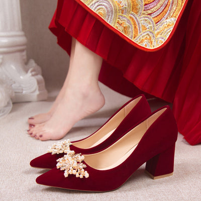 Autum wedding shoes for women with thick heels 6 new bride chinoiserie red fleece-lined xiuhe wedding dress two-wear high heels tiring feet