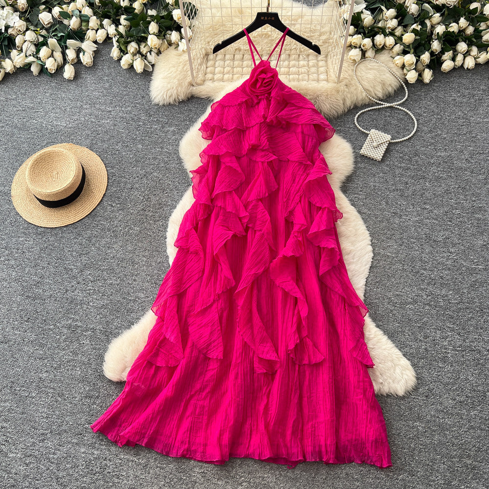 French sleeveless tiered a-line dress - women's summer design, high-waisted ruffle hem, rose red maxi dress