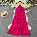 French sleeveless tiered a-line dress - women's summer design, high-waisted ruffle hem, rose red maxi dress