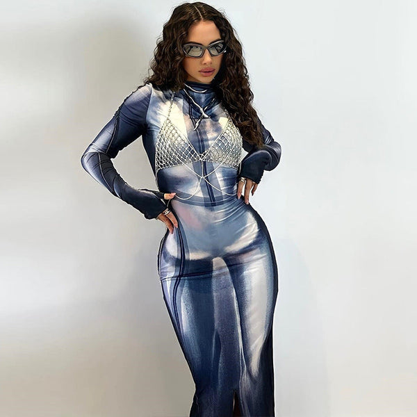 European and American style stand-up collar tight dress medium and long digital printing long-sleeved gloved pencil skirt  Dress