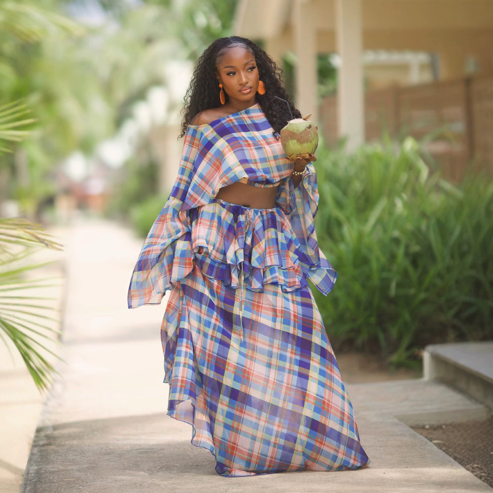European and american cross-border women's clothing  summer new fashion retro print plaid shirt ruffle hem skirt set