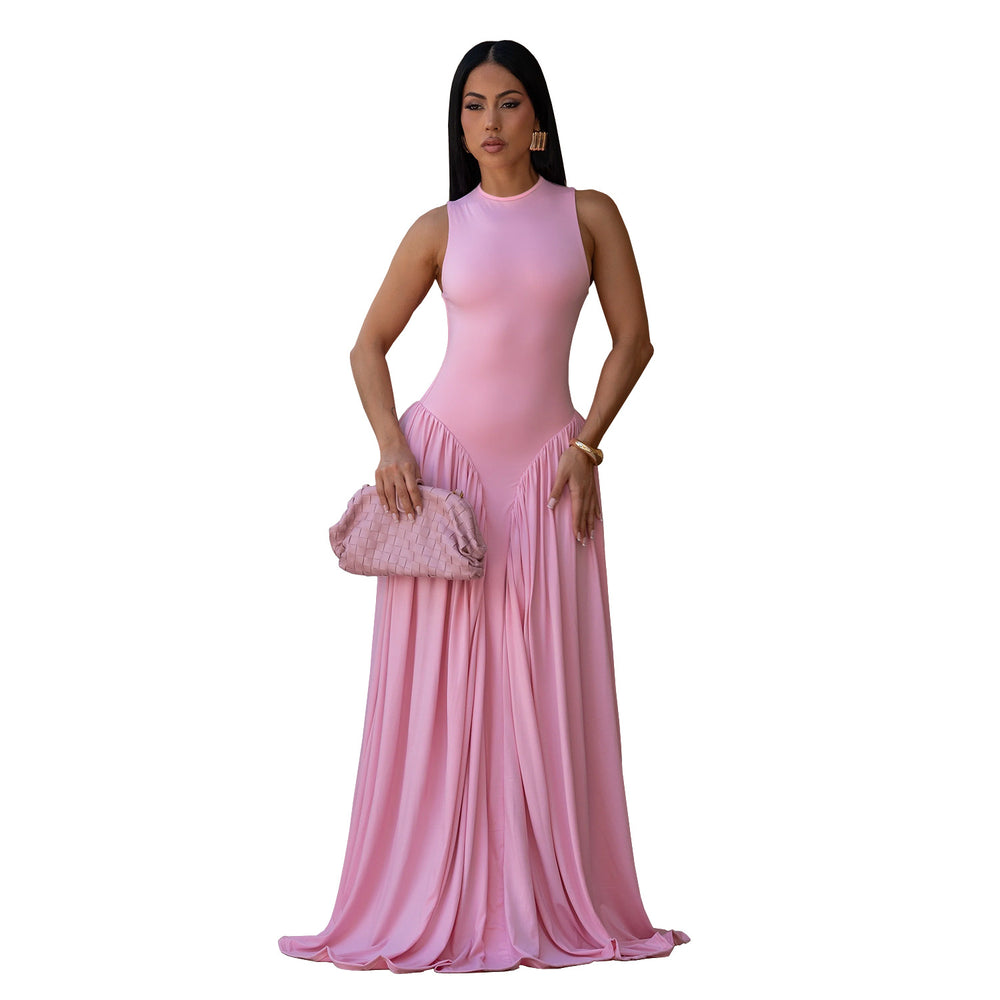 C7713 cross-border   fashion women's elegant solid color round neck sleeveless dress