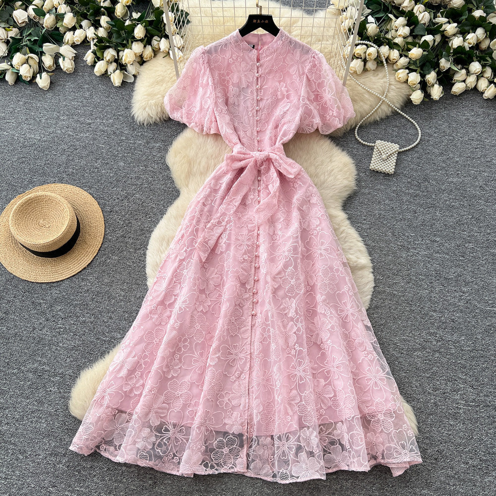 Elegant lace embroidered maxi dress for women - high waist a-line, perfect for summer, work, and evening events