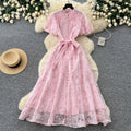 Elegant lace embroidered maxi dress for women - high waist a-line, perfect for summer, work, and evening events