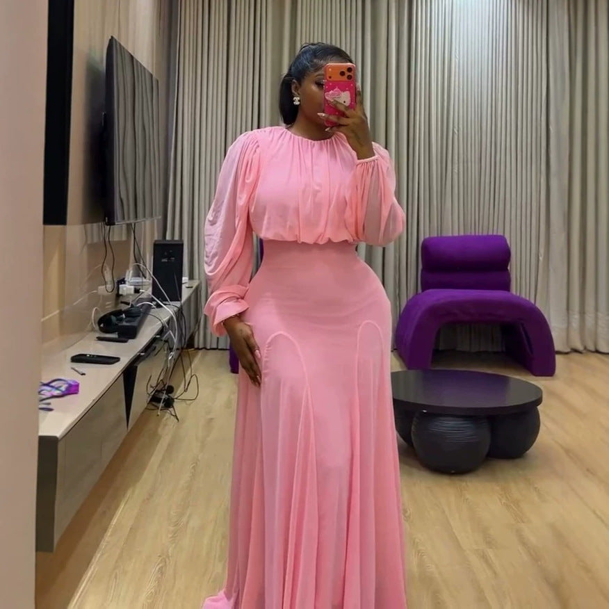 European and american cross-border women's fashion:  summer new collection - elegant and sweet pleated puff sleeve blouse with high-waisted midi skirt set