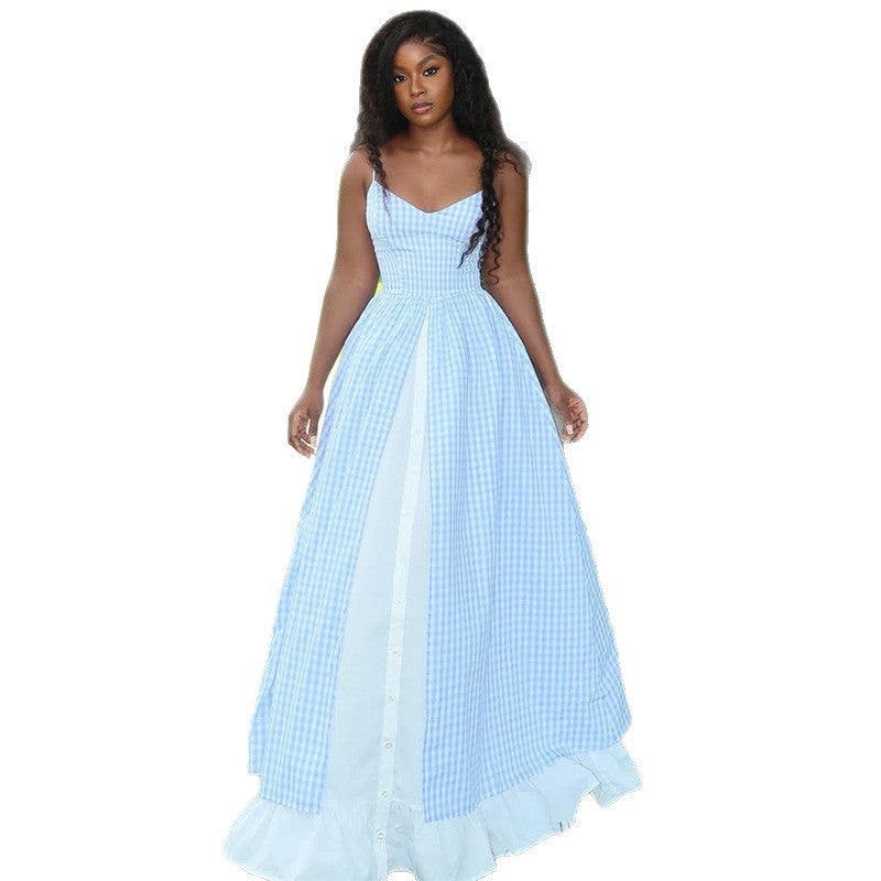 European and american cross-border women's fashion  summer new arrival: elegant, fresh, blue plaid patchwork vacation sundress
