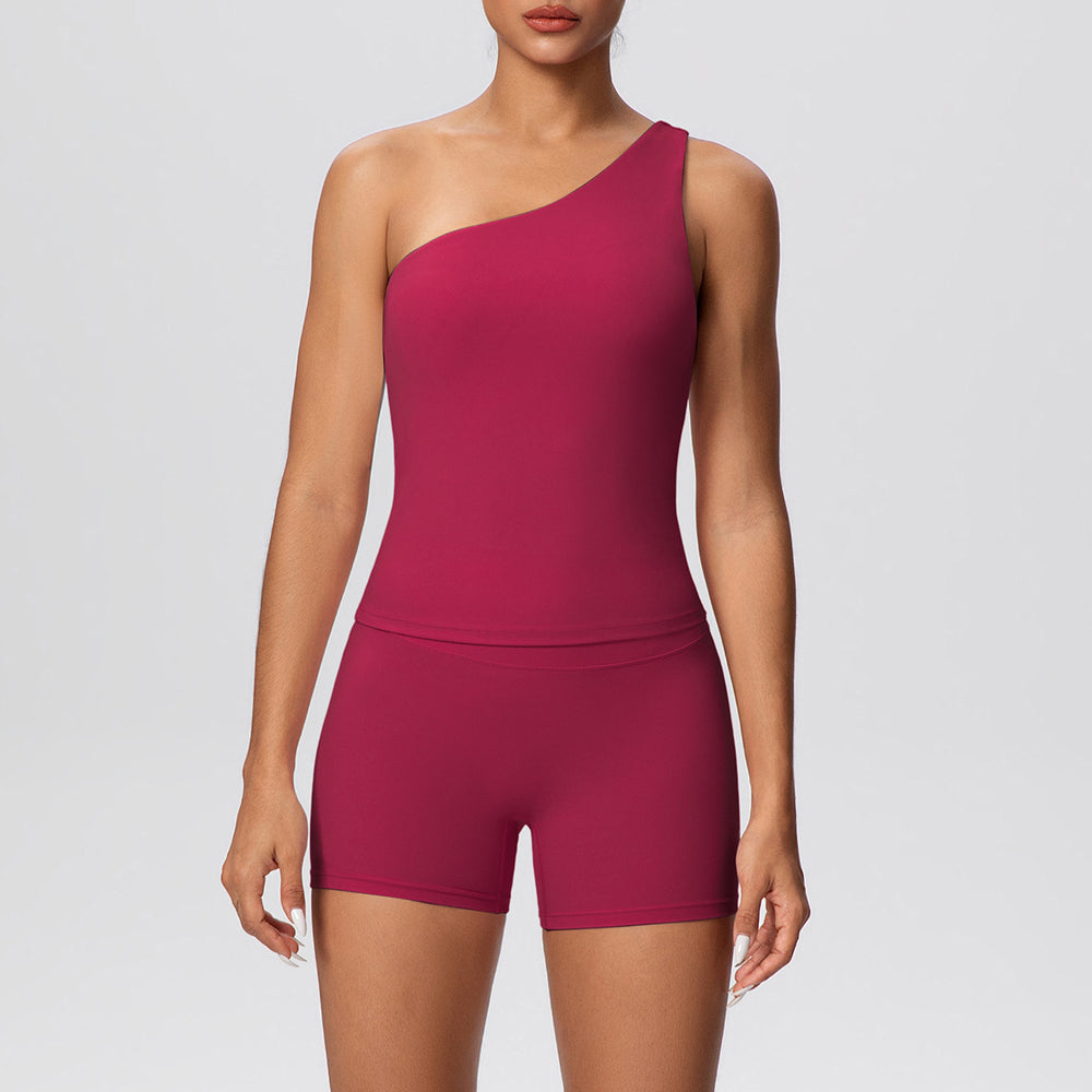 double-sided brushed nude tight one-shoulder vest shorts sports suit running fitness yoga wear two-piece set