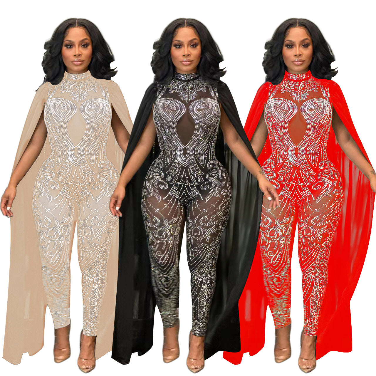 S390446  Cross-border Foreign Trade Fashion Sexy Mesh Perspective Hot Diamond Sleeve Suspender Jumpsuit Women