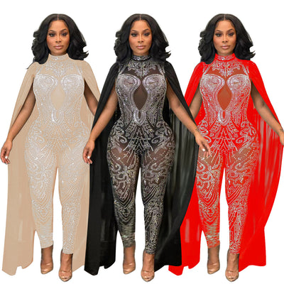 S390446  cross-border fashion sexy mesh see-through rhinestone sleeve jumpsuit for women