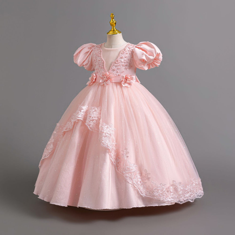 Ready-to-ship wholesale princess dresses with puff sleeves and lace detailing, perfect for children's formal wear, birthdays, piano recitals, and performances. kids' dresses
