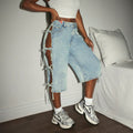 Fashionjeans women's side multi-straps cut out washed light blue loosestraight-leg denim cropped pants hot girl