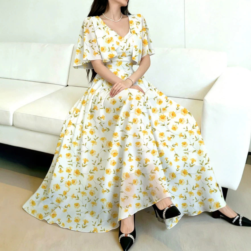 new european and american style white dress with yellow floral print, v-neck, double-layer flutter sleeves, a-line silhouette, and chiffon fabric