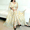 new european and american style white dress with yellow floral print, v-neck, double-layer flutter sleeves, a-line silhouette, and chiffon fabric