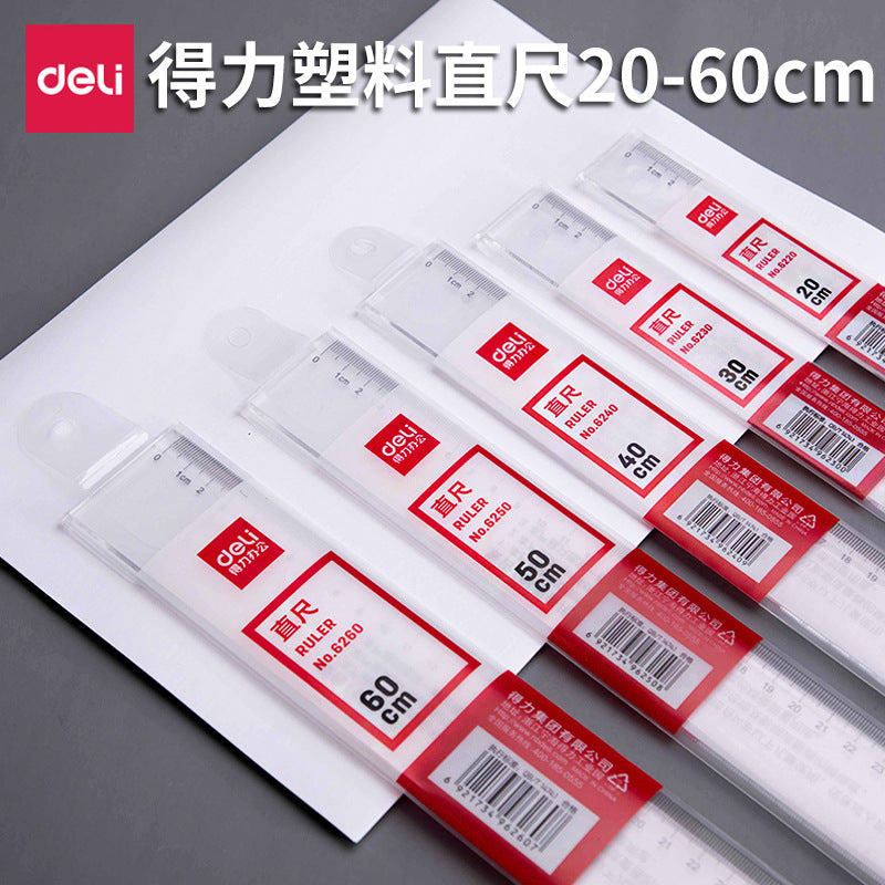 Deli plastic ruler 20/30/40/50/60cm student office drawing transparent scale ruler ruler wholesale