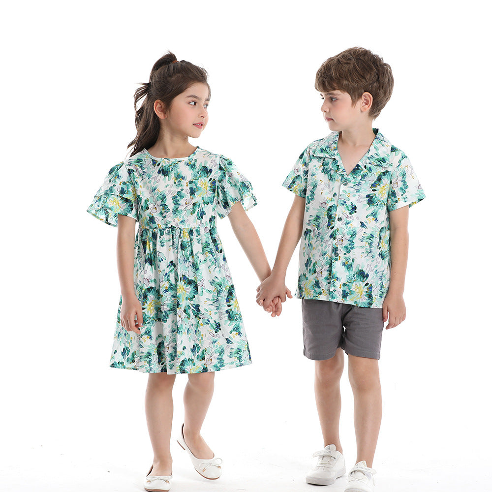 Korean style floral short-sleeve shirt set for kids - cotton casual outfit for boys and girls, matching family sets for siblings