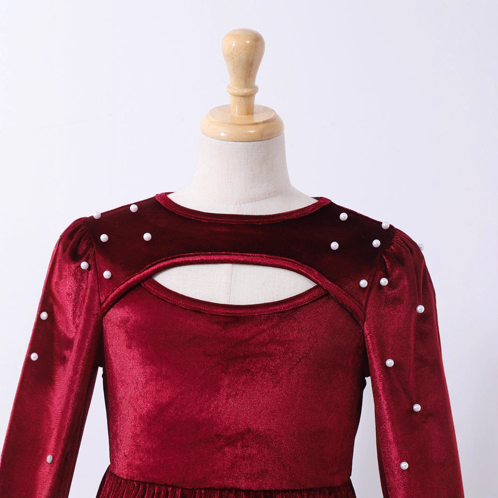 Girls' (tall) dress, pearl-embellished hollow-out round neck puff sleeve high-waisted dress