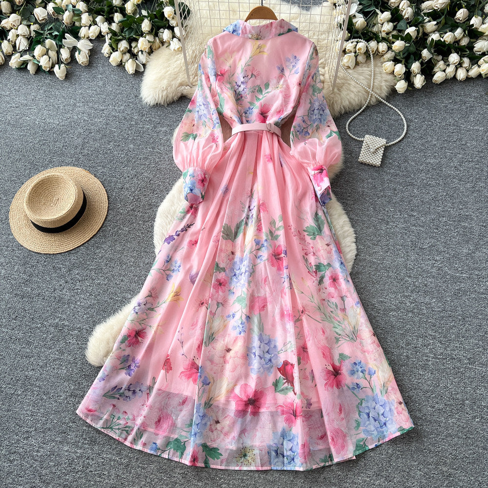 French holiday style printingsilm dress for women spring & fallv neck lantern sleeves waist strap a-line work clothing long skirt