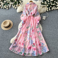 French holiday style printingsilm dress for women spring & fallv neck lantern sleeves waist strap a-line work clothing long skirt