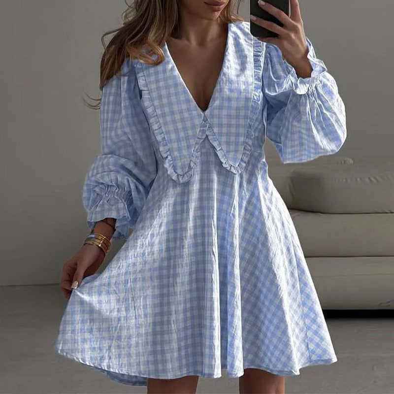 cross-border european and american women's clothing: new summer skirts, fashionable casual plaid lace-trimmed mini dress