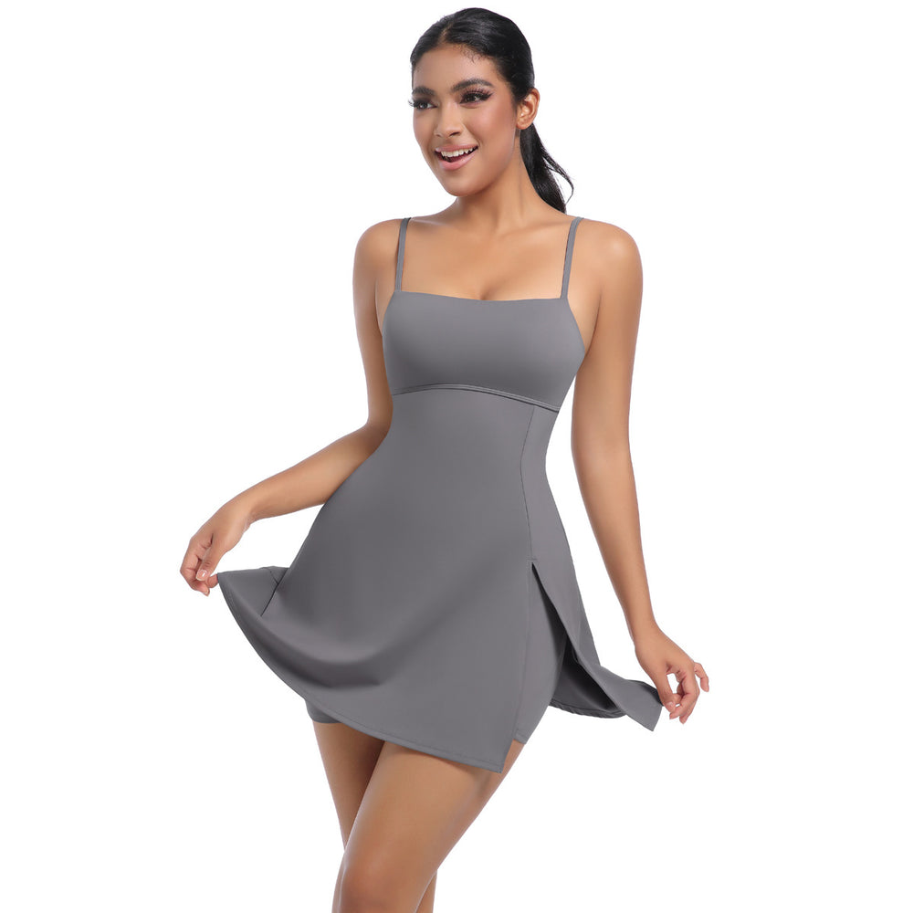 Fashion tape bottom sports fitness dress with chest pad breathable naked suspender beautiful back yoga one-piece tennis skirt