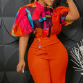 D561 women's foreign trade   new fashionable elegant printed tie-up puff sleeve short-sleeve blouse top