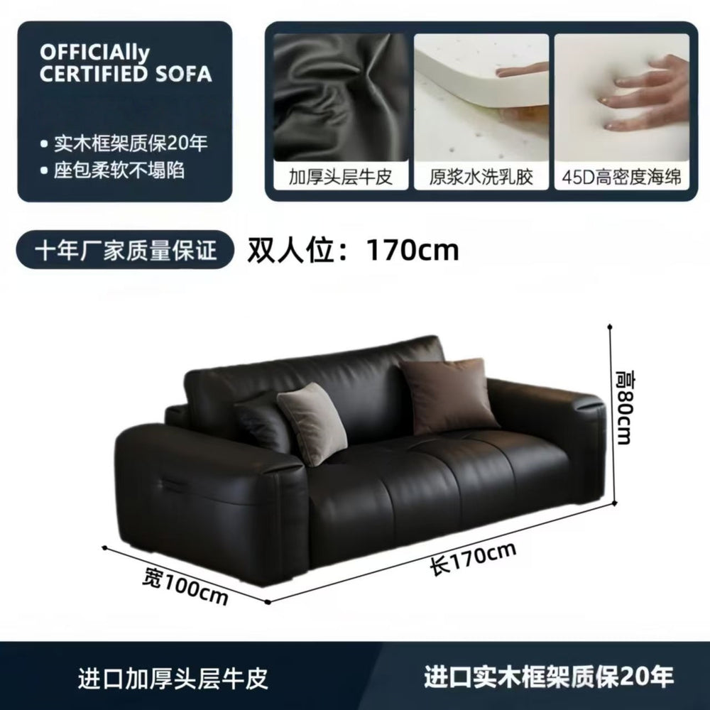 Italian minimalist genuine leather sofa, perfect for small apartments. black, top-grain cowhide, straight-row, high-end leather sofa for home living rooms