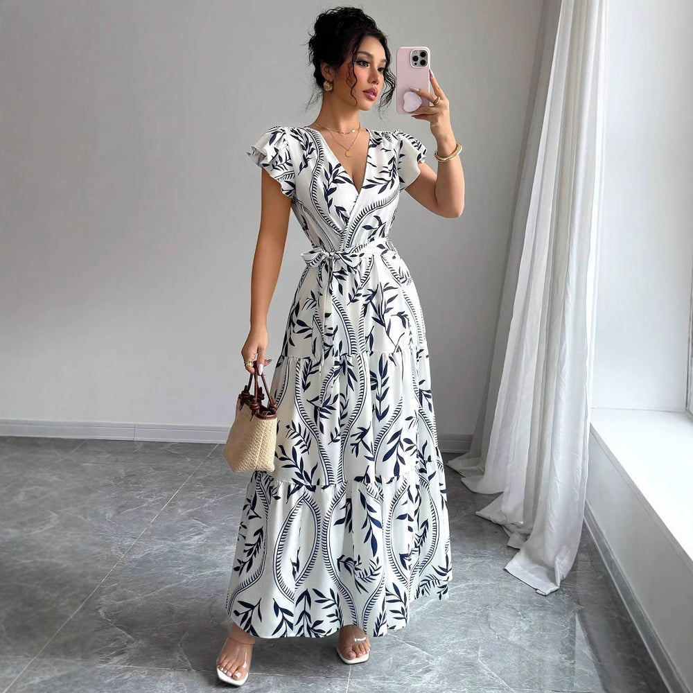 spring/summer  new arrival: printed ruffle trim v-neck sexy slim-fit long dress/gown