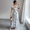 spring/summer  new arrival: printed ruffle trim v-neck sexy slim-fit long dress/gown