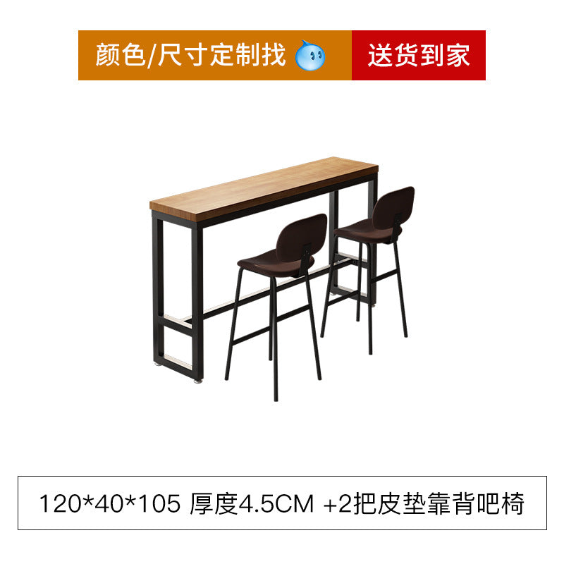 Bar table and chair combination Industrial style wrought iron solid wood bar High foot milk tea shop Cake shop Narrow table against the wall