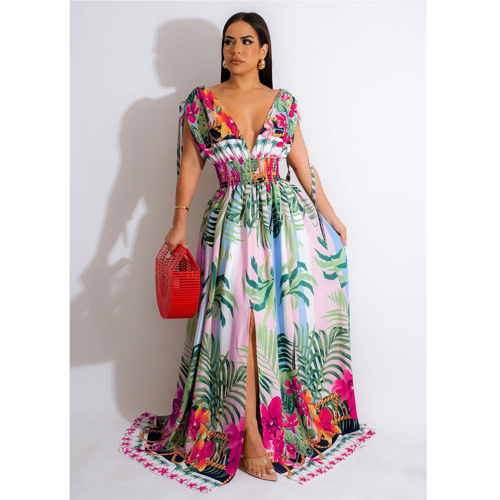 X6268 cross-border   fashion women's floral painted sleeveless v-neck maxi dress