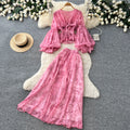 French romantic floral print two-piece set for women - autumn collection, high-end v-neck, cinched waist, mesh midi skirt outfit