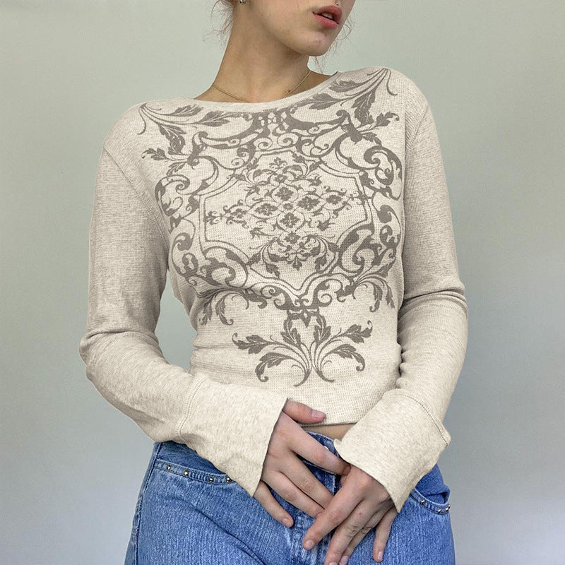 autumn new european and american fashion women's printed waffle knit crew neck pullover casual base layer top