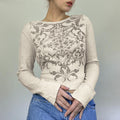 autumn new european and american fashion women's printed waffle knit crew neck pullover casual base layer top