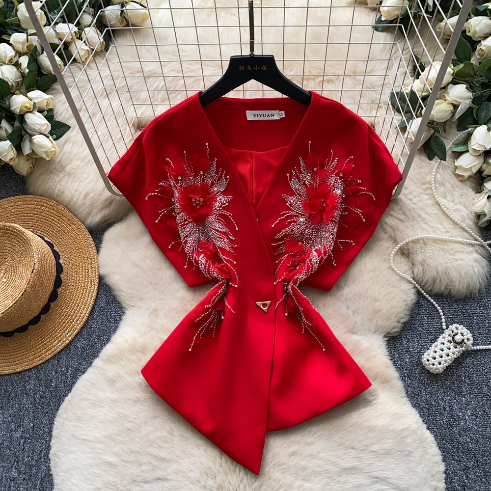 Commute style v-neck single-breasted vest - women's outerwear with embroidered floral accents - brown vest - autumn  - premium quality